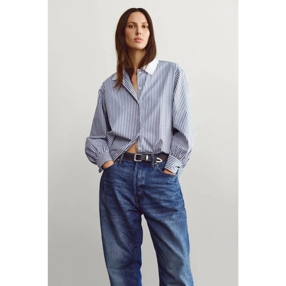 Gap X DOEN Eyelet Lace Collar Button Down Big Shirt Blue Stripe 100% Cotton L - Picture 2 of 11
